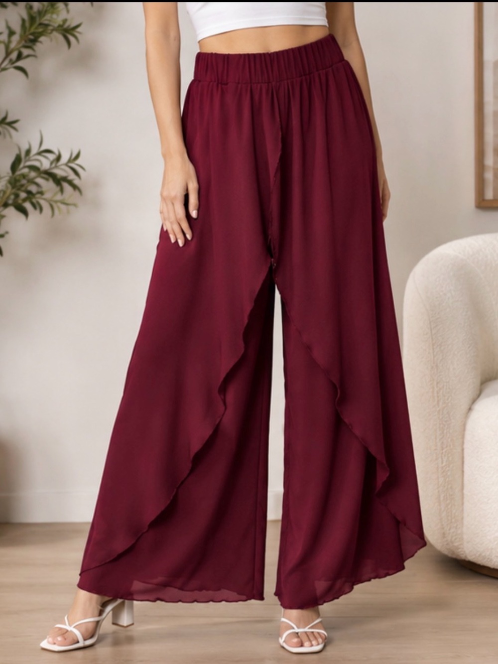 Women’s Medium Burgundy Palazzo Pants Flowy Wide Leg Ruffle Boho